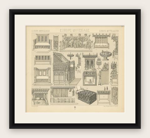 Pl. 10 Antique Print of European Middle Ages Furniture by Racinet, circa 1880, shown framed