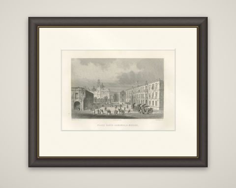 Plaza Santo Domingo Mexico City, Antique Architectural Engraving, 1867, shown framed