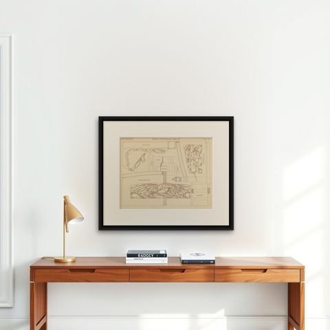 Pl. 39 Antique Print of Furniture Details by Kramer, circa 1910, shown framed on a wall, true to size