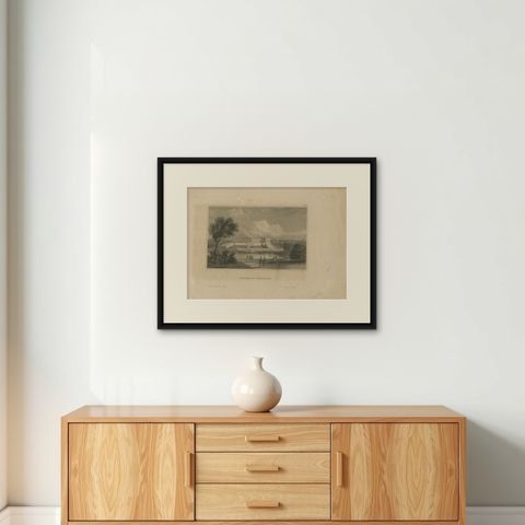 Antique Print of the Palace of Versailles by Meyer, 1848, shown framed on a wall, true to size