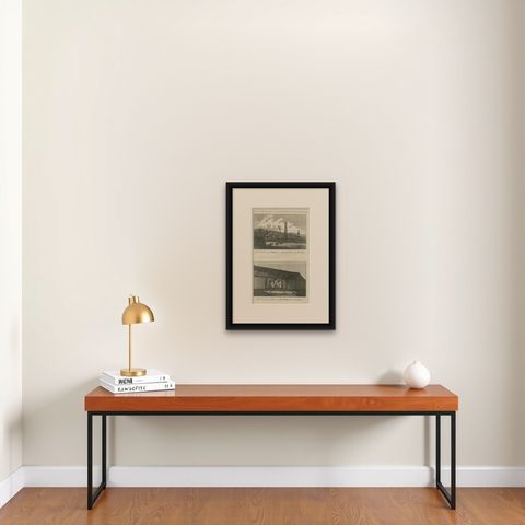 18th-Century Engraving of Hawaiian Morai and House Interior, c. 1780s, shown framed on a wall, true to size