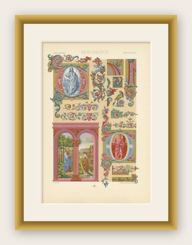Pl. 77 Antique Print of Renaissance Initials and Ornaments by Racinet circa 1890, shown framed