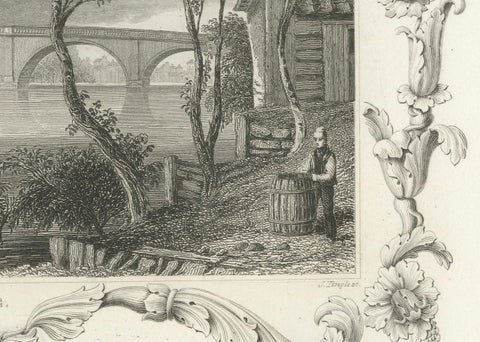 Charming Engraving of Kew Bridge over the River Thames, 1835, close-up 2
