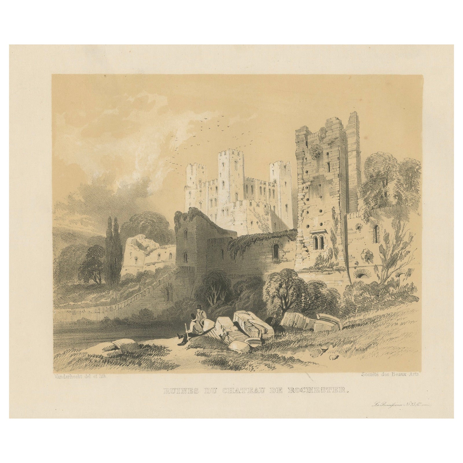 Old Print of an Idyllic Scene at the Historic Ruins of Rochester Castle, England