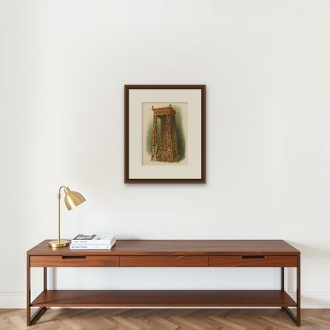Antique Print of English Furniture 'Upholstered Bed' by P. Macquoid, 1906, shown framed on a wall, true to size