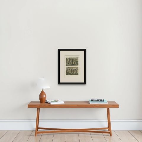 Antique Print of the House of the Ancients, Island of Tinian, by Ferrario '1831', shown framed on a wall, true to size