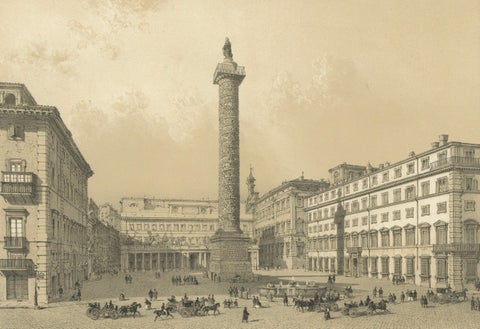 Piazza Colonna and Column of Marcus Aurelius, Rome, Benoist 1869 Lithograph, close-up 2