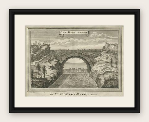 Antique Print of the Flying Bridge in China, 1747, shown framed