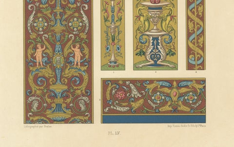 Renaissance Scrollwork with Cherubs & Grotesques, Classical Ornament, 1869, close-up 3