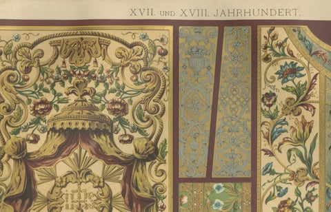 17th and 18th Century Ornamental Arts Print, Embroidery and Giltwork, 1887, close-up 1