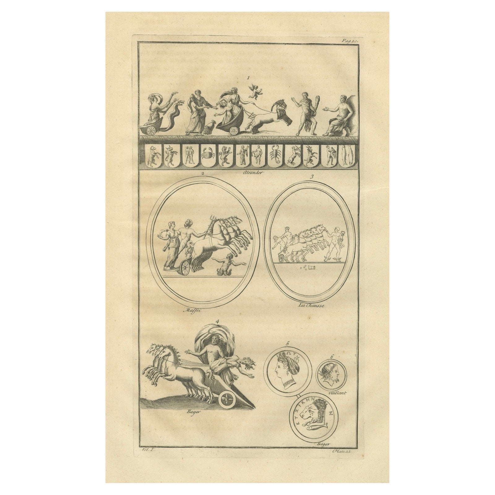 Antique Roman Chariot Reliefs and Medallions, Montfaucon Engraving, 1721