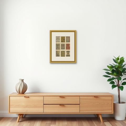 Grid of French Renaissance Artistic Designs, Published in 1887, shown framed on a wall, true to size