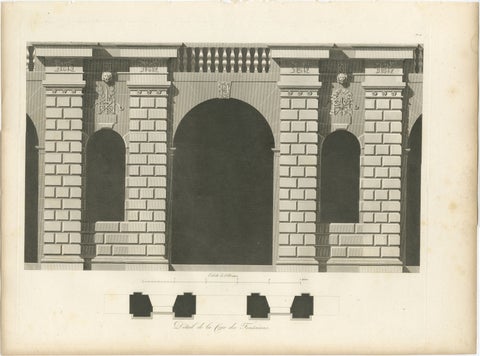 Cour des Fontaines, Architectural Copperplate Engraving by Baltard, 1803, view 2