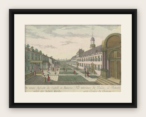 Antique Print of the Inner Courtyard of the Castle at Batavia by Habermann, shown framed