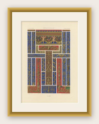 Renaissance Architectural Ornament, Gilded Scrollwork & Cherubs, Pl. LXVI, 1869, shown framed