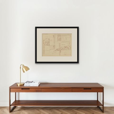 Pl. 36 Antique Print of Furniture Details by Kramer, circa 1910, shown framed on a wall, true to size