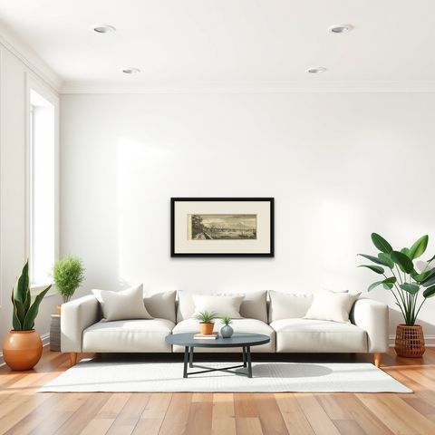Antique Print of the Somerset House Overlooking the Thames River, London., shown framed in a room, true to size