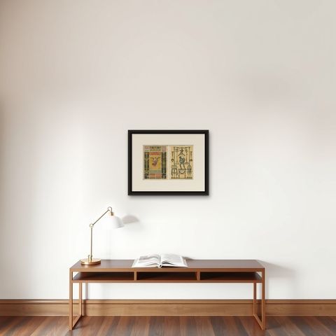 Antique Pompeian Wall Painting and Bronze Design Prints, Italy-Inspired, 1887, shown framed on a wall, true to size