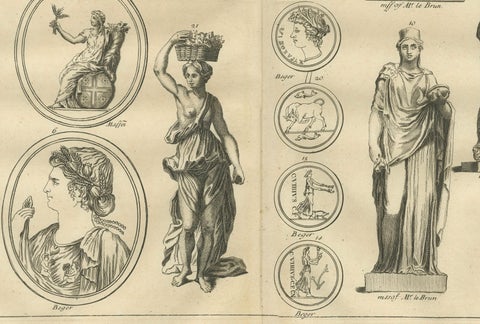 Roman Female Statues and Medallions, Montfaucon Antiquarian Engraving, 1721, close-up 2