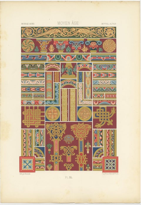 Pl. 40 Antique Print of Middle Ages Ornaments by Racinet, circa 1890, view 2