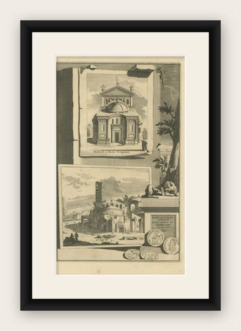 Antique Print of the Temple of Romulus in Rome, Italy C.1705, shown framed