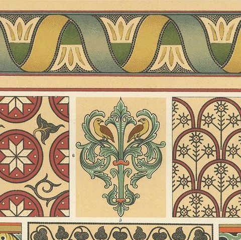 Pl. 46 Antique Print of Mosaic and Painted Ornament by Racinet, circa 1890, close-up 1