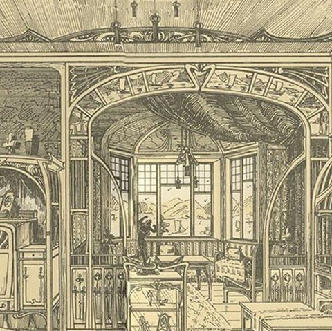 Antique Print of a Salon with Bay Window, circa 1910, close-up 2