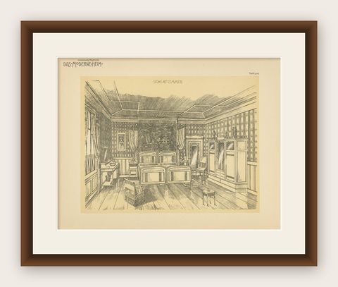 Decorative Antique Print of a Bedroom, Published circa 1910, shown framed