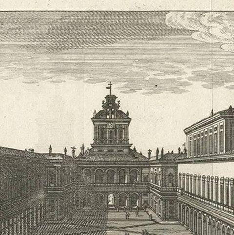 Antique Print of the Court at the Palace of Monte Cavallo, Rome, close-up 1