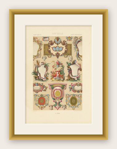 Pl. 93 Antique Print of XVIIIth Century Ornaments by Racinet (c.1890), shown framed