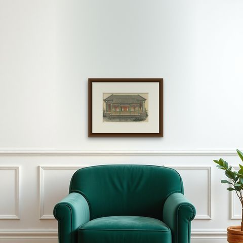 Antique Print of a Pleasure House for First-Class Mandarins, shown framed on a wall, true to size