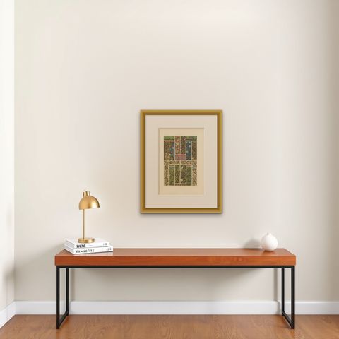 Pl. 50 Antique Print of Middle Ages Ornaments by Racinet, circa 1890, shown framed on a wall, true to size