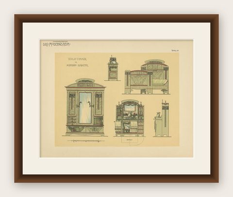 Pl. 29 Antique Print of Bedroom Furniture by Kramer, circa 1910, shown framed