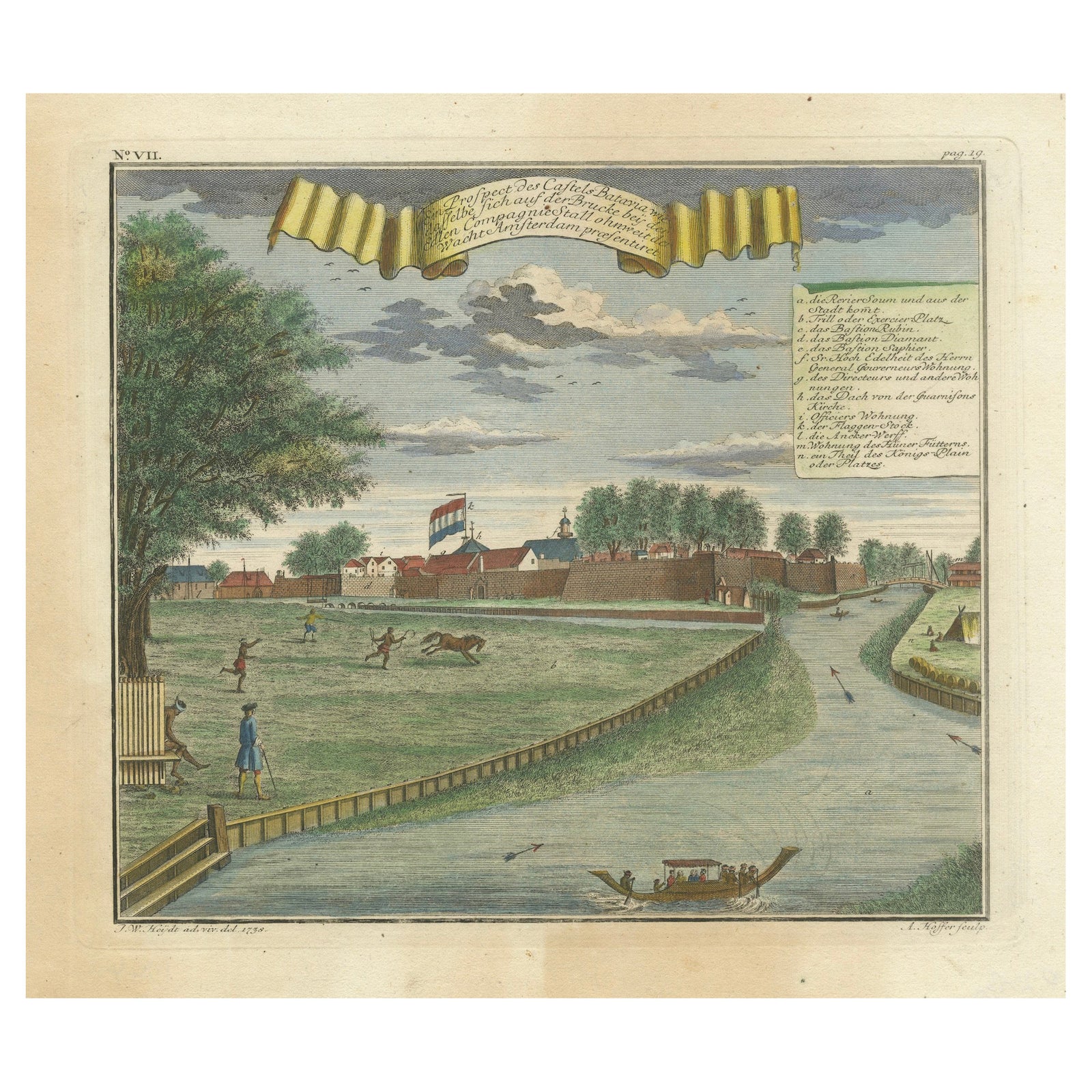 Batavia Castle and Parade Ground, Hand-Coloured Engraving by J.W. Heydt, 1738