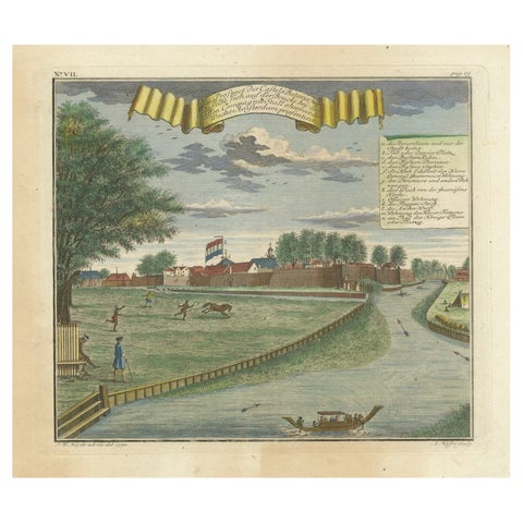 Batavia Castle and Parade Ground, Hand-Coloured Engraving by J.W. Heydt, 1738