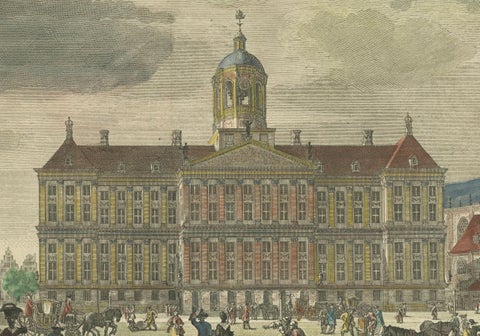 Hand-Colored 1765 Engraving of Amsterdam Royal Palace and Dam Square, 1765, close-up 2