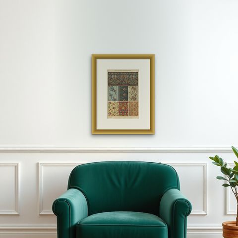 Ornamental Baroque Weaving and Embroidery Sample Print by H. Dolmetsch, 1887, shown framed on a wall, true to size