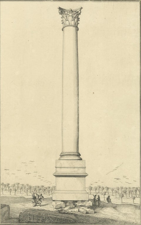 Pompey’s Column, Alexandria, Antique Egypt Engraving by Norden, 1755, close-up 2