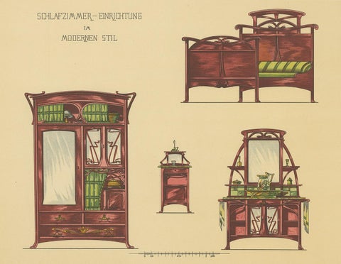 Pl. 48 Antique Print of Bedroom Furniture by Kramer, circa 1910, view 2
