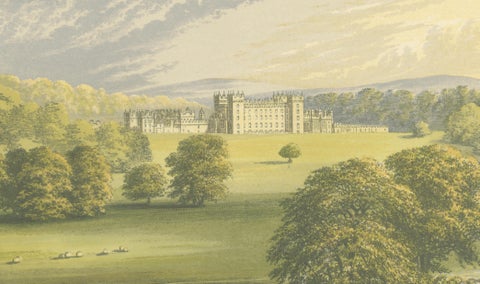 Floors Castle Estate View, Scottish Castle Landscape Engraving, c1850, close-up 3