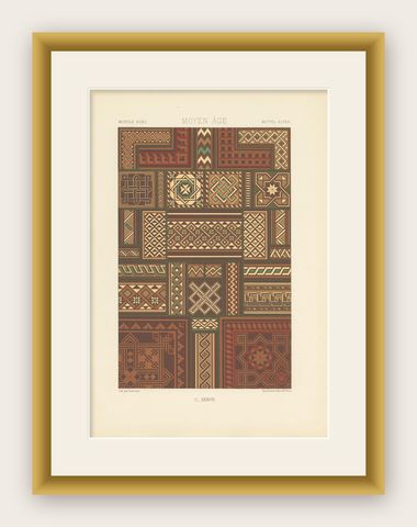 Pl. 37 Antique Print of Middles Ages Ornaments by Racinet, circa 1890, shown framed