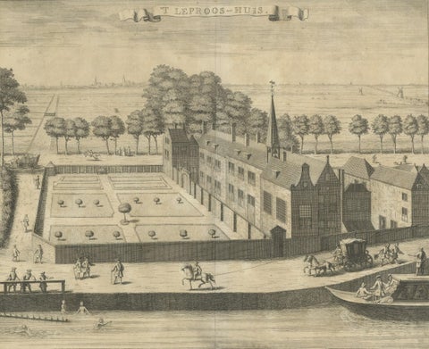 Antique Print of the Leper's House in The Hague, The Netherlands, close-up 1