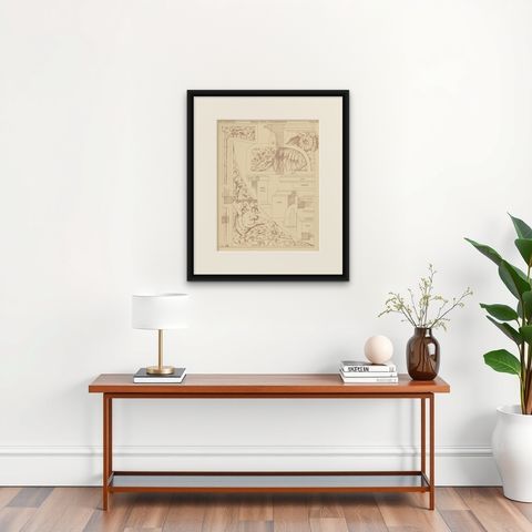 Pl. 78 Antique Print of Furniture Details by Kramer, circa 1910, shown framed on a wall, true to size