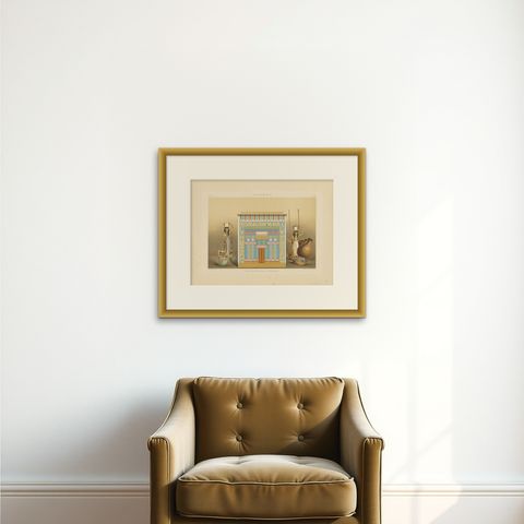 Antique Print of the Tomb in the Valley of Assassif by Binion, 1887, shown framed on a wall, true to size