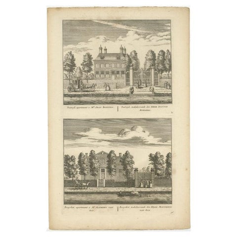 Antique Print of Mansion Postwijck and Bergvliet Manor in the Netherlands, 1730