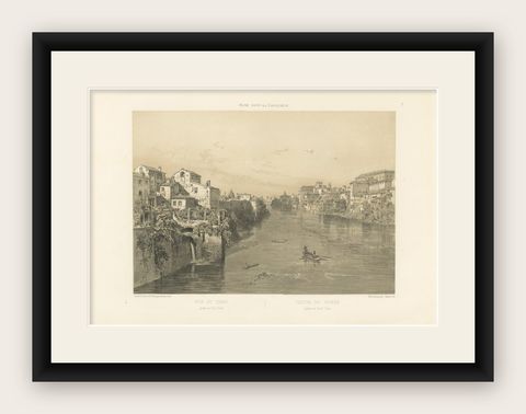 Rome Tiber View from Ponte Sisto, Antique Architectural Print 1869, shown framed