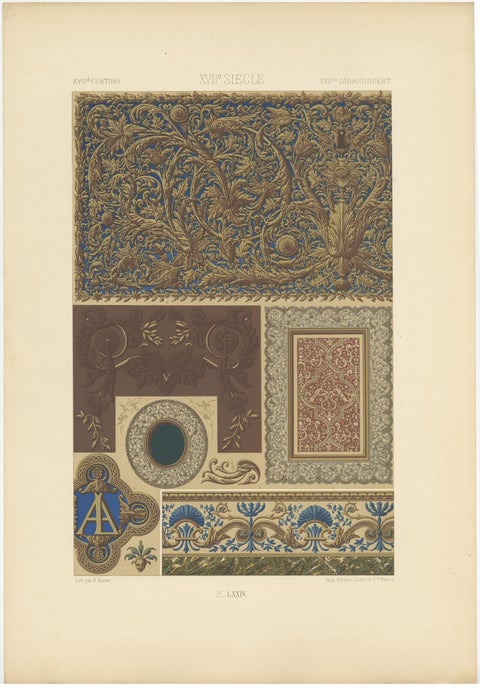 Pl. 74 Antique Print of 17th Century Ornaments by Racinet, 'circa 1890', view 3