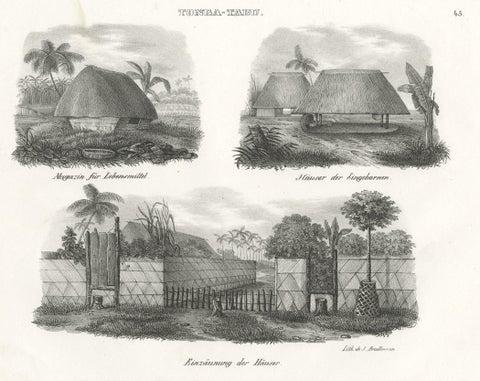 Original Antique Engraving of Various Houses of Tonga Tabu, c.1836, close-up 1