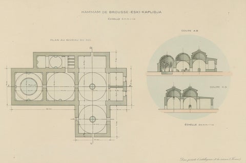 Pair of Ottoman Hammam Architectural Plans, Bursa Thermal Baths, Published 1924, close-up 5