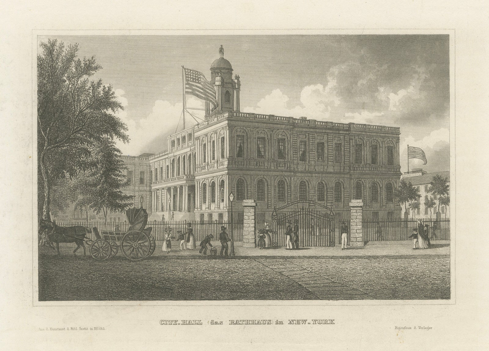 New York City Hall, Antique Architectural Engraving of Manhattan, c.1850